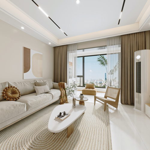 现代原木客餐厅+主卧全景